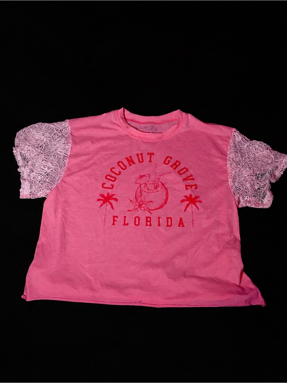 Pink Tee with Lace Sleeves and Red Coconut Grove Graphic size L